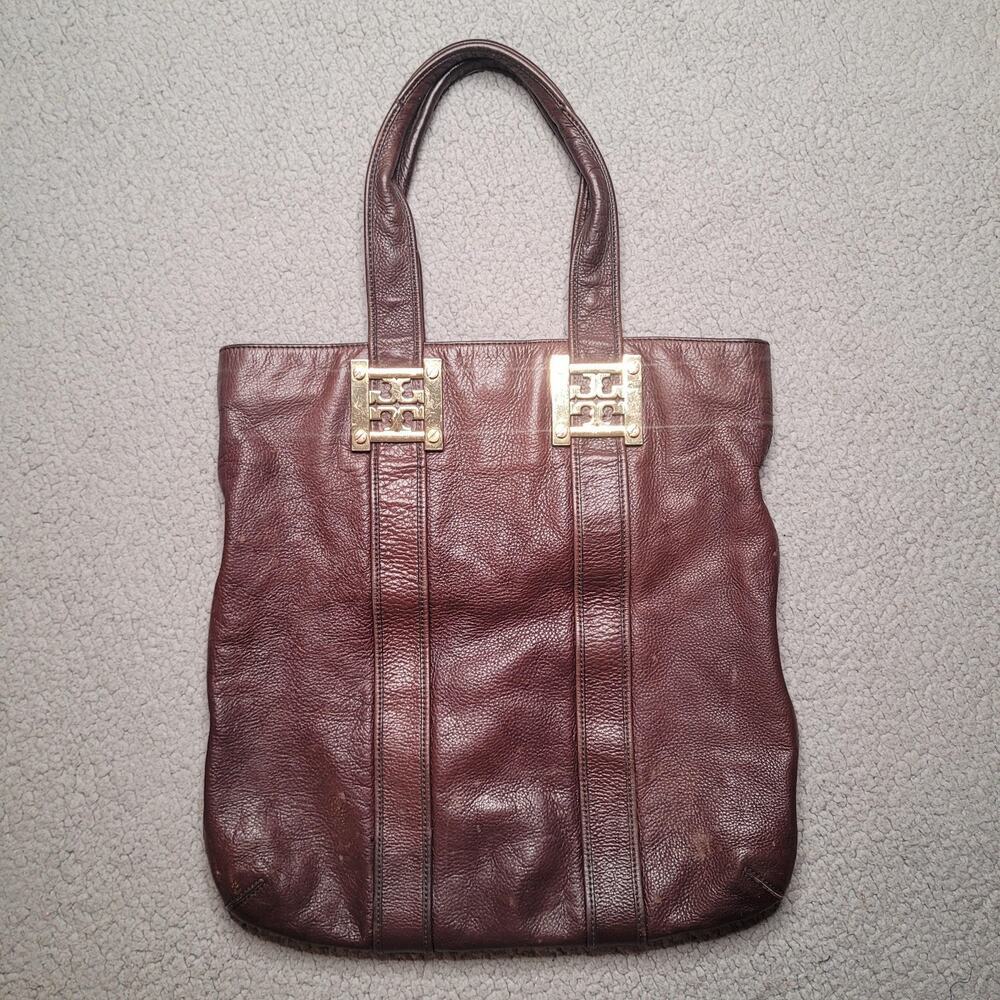 Tory‎ Burch Tote Bag Large Brown Leather Pebbled Top Handle Logo Zip Purse